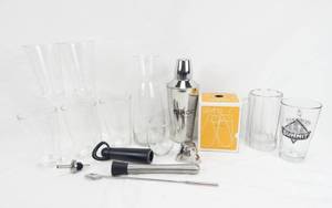 lot 120 image: Lot of Bar Glasses, Govino Shatter Proof Flutes, Ciroc Shaker and Bar Accessories