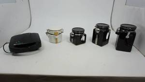 lot 9 image: OGGI Ceramic Canister Set with Handles  OGGI Round White Canister with Handle  White Westinghouse Waffle Maker