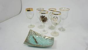 lot 16 image: 6 Vintage Gold Rimmed Wine Glasses  Vintage California Pottery Ashtray Cal Orig 810 Turquoise Gold Speck Mid-Century