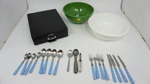 lot 31 image: Keurig K-Cup Pod Rolling Storage Drawer  Green John Deer Popcorn Bowl  White Mixing Bowl  Silverware