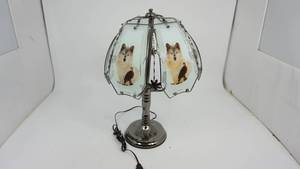 lot 48 image: Silver Touch Lamp with Wolf & Eagle on Glass Shades