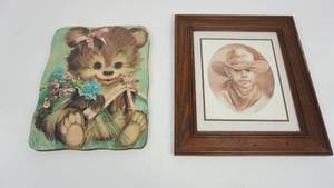 lot 180 image: Vel Miller Vintage Wood Framed Matted Print Young Cowboy  Bear Picture on Wood Plaque