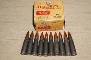 10 Rounds Herters 7.62 x 39mm 122 Gr FMJ Ammo