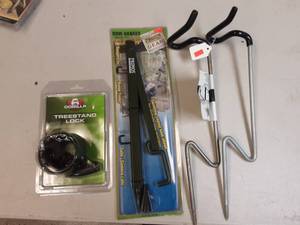 lot 56 image: 3-New Bow Hangers & New Tree Stand Lock