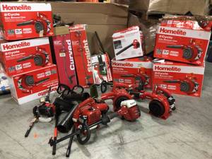 Pallet with assorted Homelite Outdoor tools various kinds and conditions see pictures