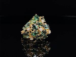lot 29 image: Elegant Green Tourmaline and Diamond Custom Statement Ring in 14k Yellow Gold $3,625 Retail