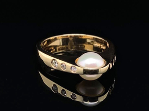 lot 19 image: Fantastic Designed Pearl and Bezel Set Diamond Estate Ring in 14k Yellow Gold $3,300 Retail