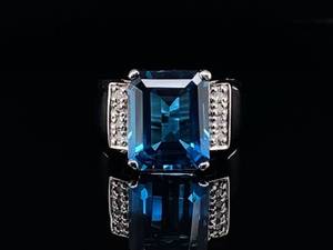 lot 74 image: Emerald Cut Vibrant London Blue Topaz and Diamond Estate Ring in 14k White Gold $2,250 Retail