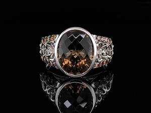 lot 99 image: Gorgeous Smoky Quartz and Brown Diamond Ring in 14k White Gold $1599 Retail