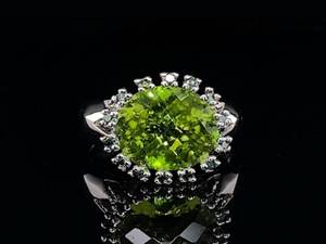 lot 21 image: Beautiful Flower Estate Ring of Peridot and Blue Gems in 14k White Gold $1,650 Retail