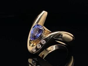 lot 14 image: Natural Tanzanite and Diamond Estate Designer Ring in Cursive 14k Yellow Gold $4,500 Retail