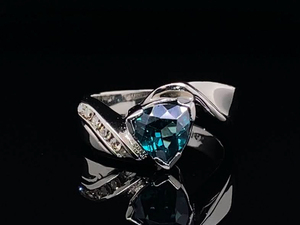 lot 43 image: Perfectly Teal Trillion Cut Topaz Ring with Diamonds in 14k White Gold $2,099 Retail