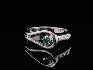 lot 52 image: Upscale Designer Contemporary Natural Emerald and Bezel Set Diamond Estate Ring in 14k White Gold $3,480 Retail