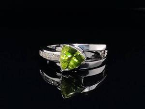 lot 51 image: Ravishing Trillion Cut Natural Peridot and Diamond Estate Ring in 14k White Gold $1,999 Retail