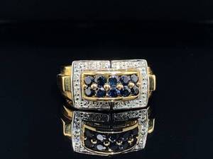 lot 47 image: Tiffany & Co Styled Natural Blue Sapphire and Diamond Estate Buckle Ring in 14k Yellow Gold, Designer Stamp $3,850 Retail