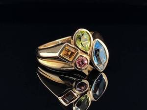 lot 46 image: Unique Peridot, Pink Tourmaline, Citrine, and Topaz Custom Estate Ring in 14k Yellow Gold $1,850 Retail