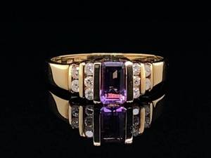 lot 83 image: Lovely Emerald Cut Amethyst and Diamond Estate Ring in 14k Yellow Gold $1,650 Retail