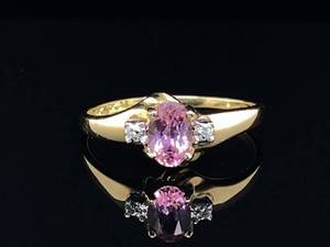 lot 84 image: Tender Peach Pink Tourmaline and Diamond Ring Set in 14k Yellow Gold