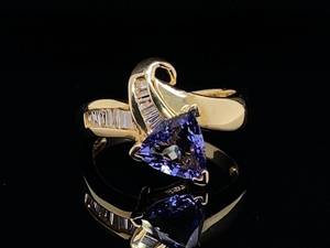 lot 37 image: Iris Colored Trillion Cut Tanzanite with Diamond Baguettes in 14k Yellow Gold $2,550 Retail