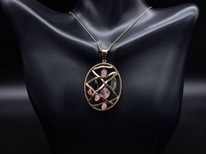 lot 66 image: Rough Crystals of Green & Pink Tourmaline Gemstones in a Designer Pendant in 14k Yellow Gold $1,899 Retail