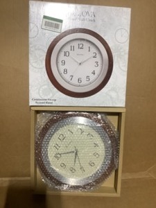 lot 20 image: 14 in. H x 14 in. W Round Wall Clock with Wood Case and Brushed Aluminum Bezel by Bulova