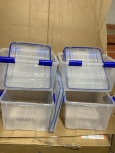 lot 38 image: WEATHERTIGHT 44 Qt. Storage Box in Clear with Blue Buckles (4-Pack) by IRIS