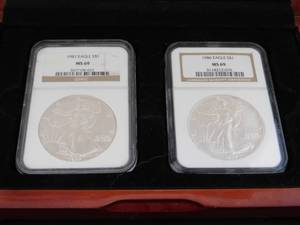 1986 And 1987 American sIlver Eagles NGC MS69 in Nice Box NGC Price Guide for the two is $160   First two years of issue