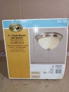 lot 2 image: 11 in. 1-Light Brushed Nickel Flush Mount with Alabaster Glass Shade and Pull Chain by Hampton Bay- open box not used