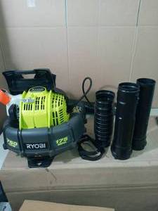 lot 29 image: 175 MPH 760 CFM 38cc Gas Backpack Leaf Blower by RYOBI- open box not used