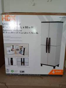 lot 81 image: 27 in. W 4 Shelf Plastic Multi-Purpose Cabinet in Gray by HDX- slightly damaged