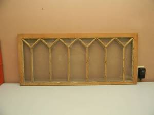 lot 4 image: ANTIQUE CATHEDRAL CUT WOOD & GLASS WINDOW - ORIGINAL - APPROX 43 BY 19 - AWESOME - SEE PICTURES