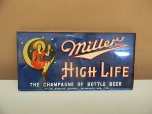 lot 16 image: 1940S MILLER HIGH LIFE GLASS COBALT BLUE MIRROR LETTERED BEER SIGN - APPROX 8 X 4 - GREAT PIECE - SEE PICTURES