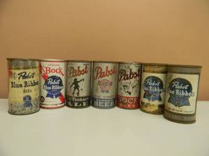 lot 19 image: 7 VINTAGE PABST BLUE RIBBON BEER FLAT TOP CANS - SEE PICTURES