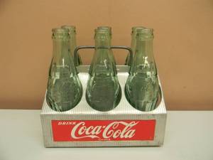 lot 35 image: VINTAGE 1950s ALUMINUM METAL COCACOLA 6-PACK BOTTLE CARRIER DRINK HOLDER - WITH BOTTLES - AWESOME - SEE PICTURES