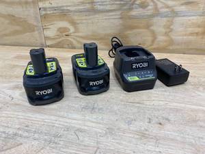 lot 22 image: RYOBI Lot of 2-  18v Batteries (4Ah) with an 18v Charger