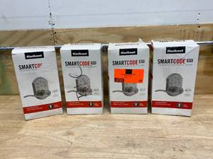 lot 28 image: KWIKSET Lot of 4-  SmartCode Satin Nickel Electronic Tustin Door Lever Featuring SmartKey Security
