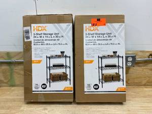 lot 93 image: HDX Lot of 2-  Black 3-Tier Metal Wire Shelving Units (24 in. W x 30 in. H x 14 in. D)