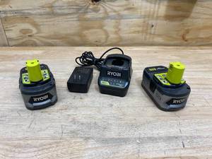 lot 112 image: RYOBI Lot of 2-  18v Batteries (4Ah) with an 18v Charger