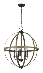 lot 113 image: SEA GULL LIGHTING Calhoun 24 in. W 5-Light Weathered Gray Rustic Farmhouse Orb Chandelier with Distressed Oak Globe Finish Accents
