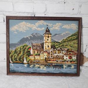 lot 43 image: Needlepoint Stitchwork European Mountain Village
