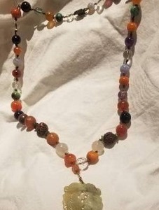 lot 110 image: Asian Precious Gemstone Necklace with Carved Jade Medallion