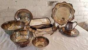 lot 113 image: Large Collection of Silverplate Serving Pieces