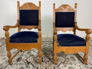 2 Rare Antique 1937 Hand-Carved King and Queen Chairs (Valued $1500)
