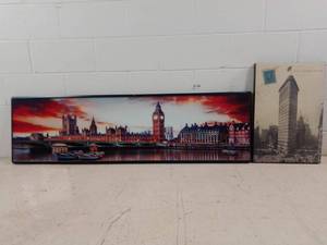 lot 263 image: London Bridge Plexiglass Wall Hanging and Flat Iron Canvas Wall Hanging (Valued $350)
