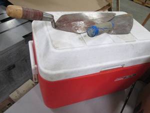 lot 73 image: Coleman Cooler and Vintage wood han...