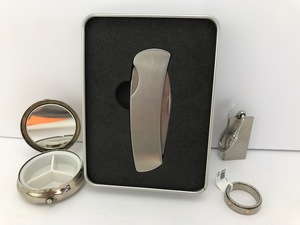 lot 37 image: Accessories - Mens Spinner Ring, Pocket Knife, Key Chain, & Pill Case