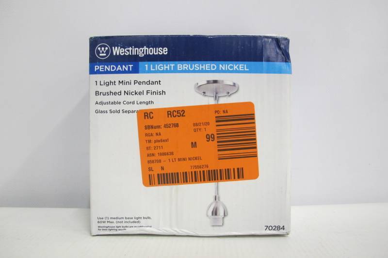 lot 73 image: Westinghouse 1-Light Brushed Nickel Mini-Pendant