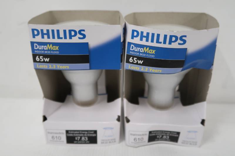 lot 88 image: Philips 65w 120v BR30 FL55 Frosted E26 DuraMax Halogen Light Bulb - Set of 2