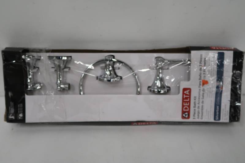 lot 96 image: Delta Silverton 3-Piece Bath Hardware Set in Chrome with Towel Ring, Toilet Paper Holder and 24 in. Towel Bar