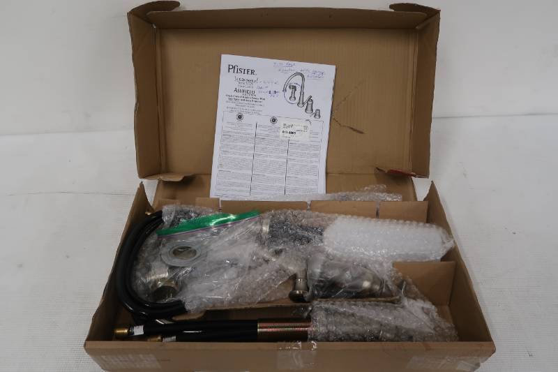 lot 83 image: Pfister Ashfield Single-Handle Standard Kitchen Faucet with Side Sprayer and Soap Dispenser in Brushed Nickel